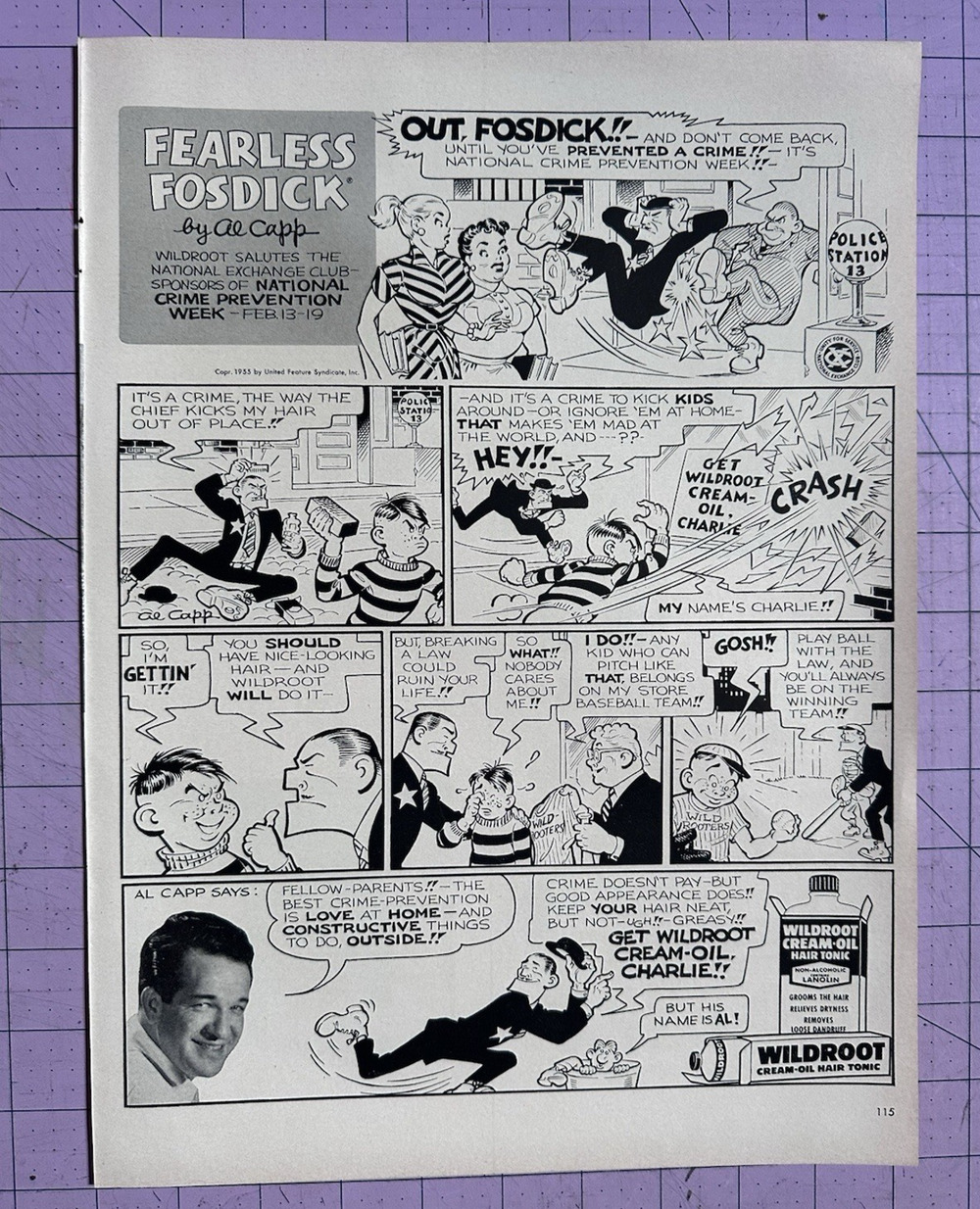 1955 Wildroot Cream Oil Hair tonic Crime Fearless Fosdick Cartoon VTG Print Ad